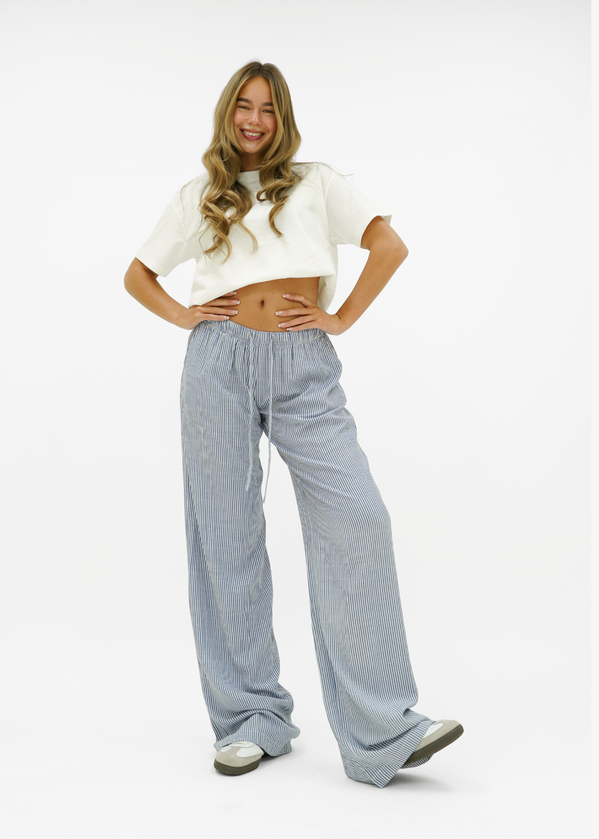 Mid waist striped cotton pants (tall) dark blue