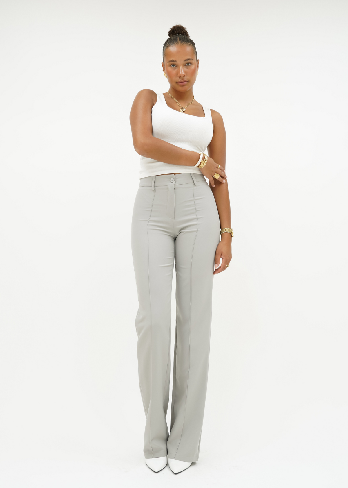 Straight leg pants met pressfold creamy grey (tall)