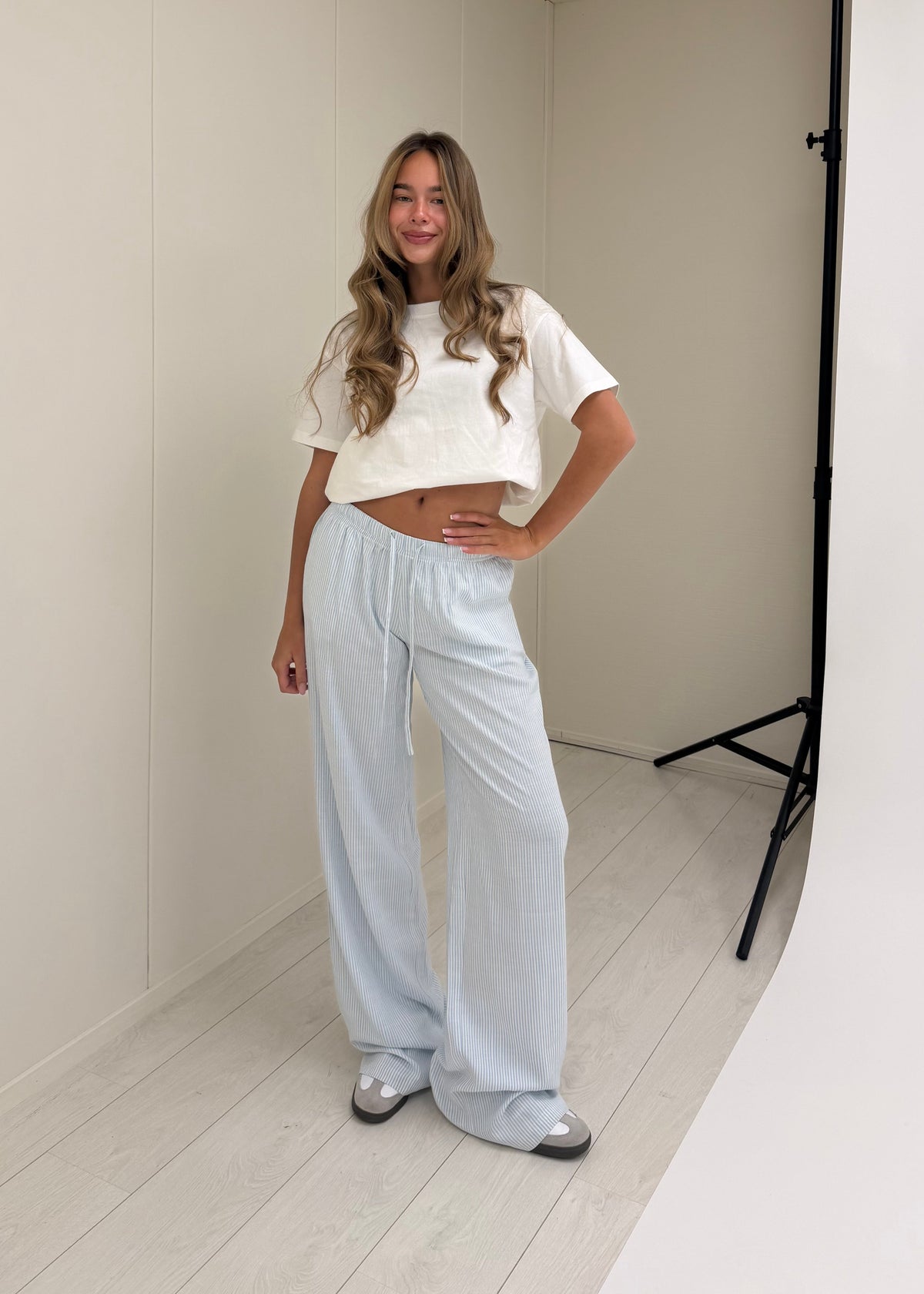 Mid waist striped cotton pants (tall) light blue