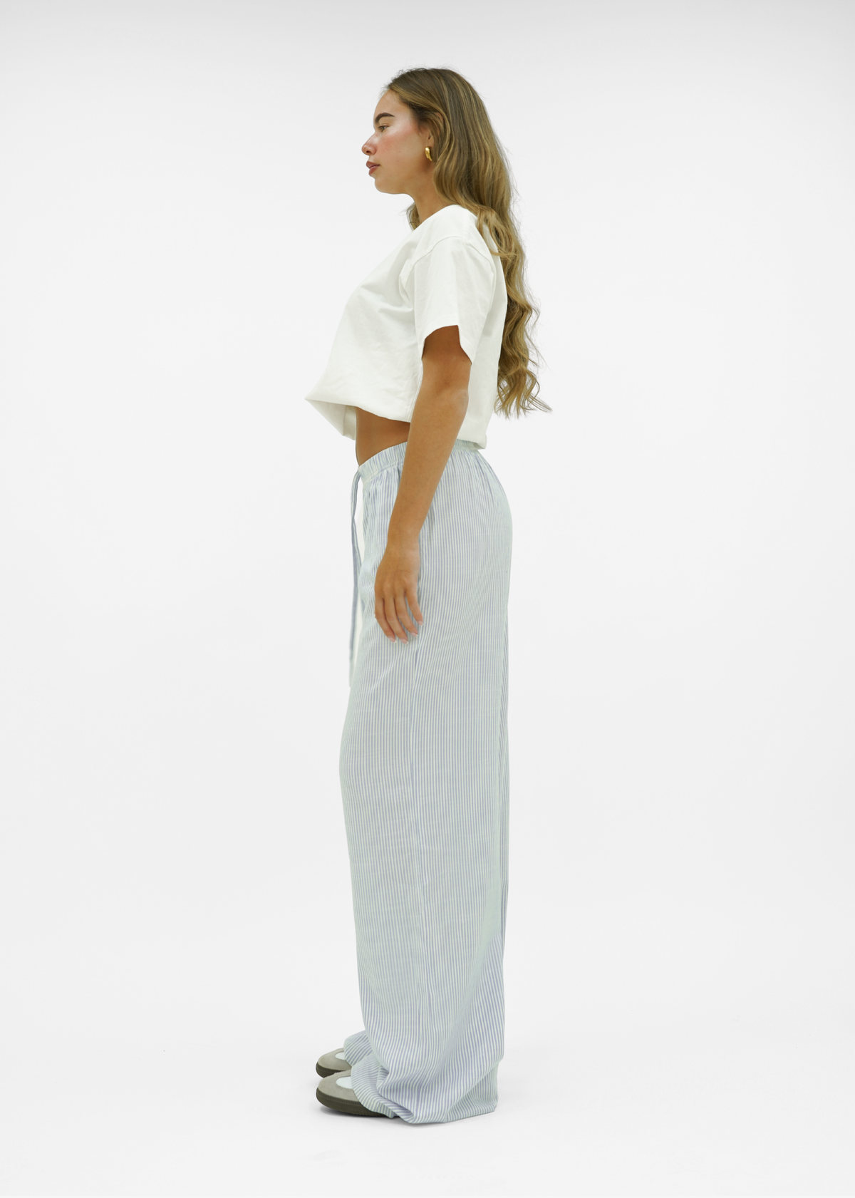 Mid waist striped cotton pants (tall) light blue