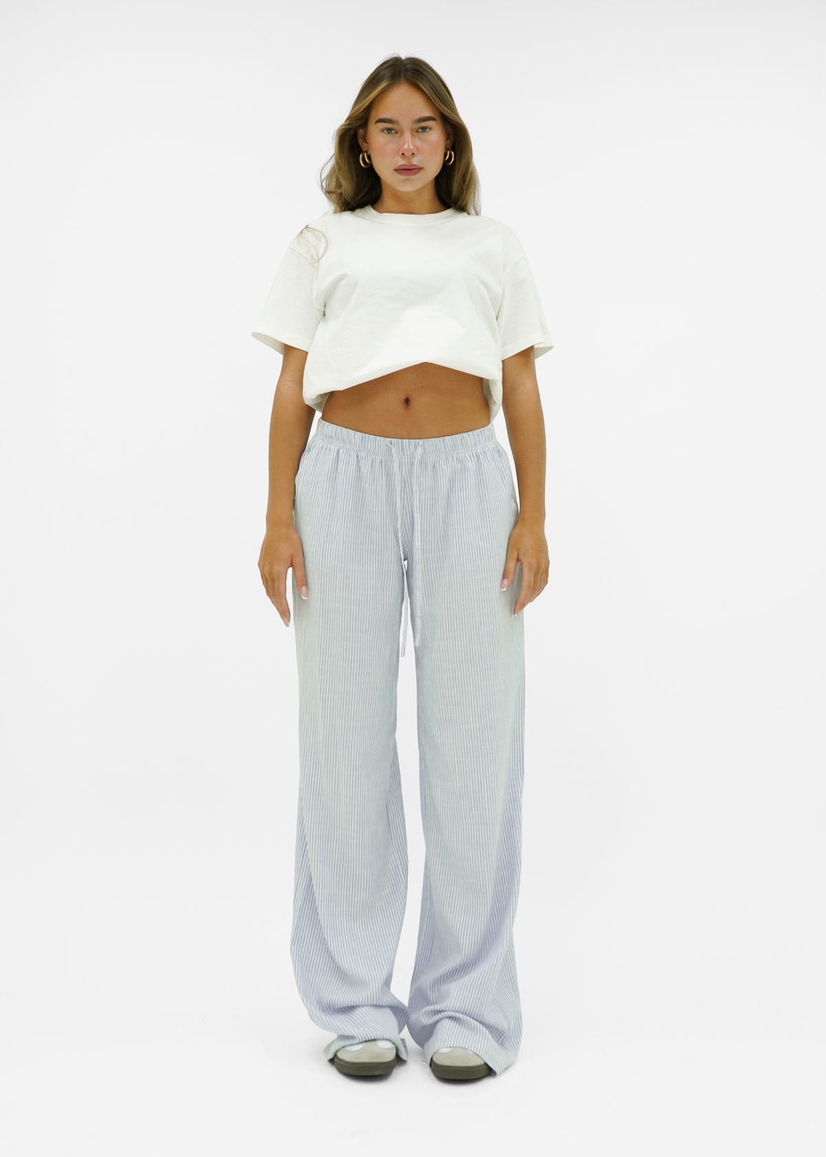 Mid waist striped cotton pants (tall) light blue