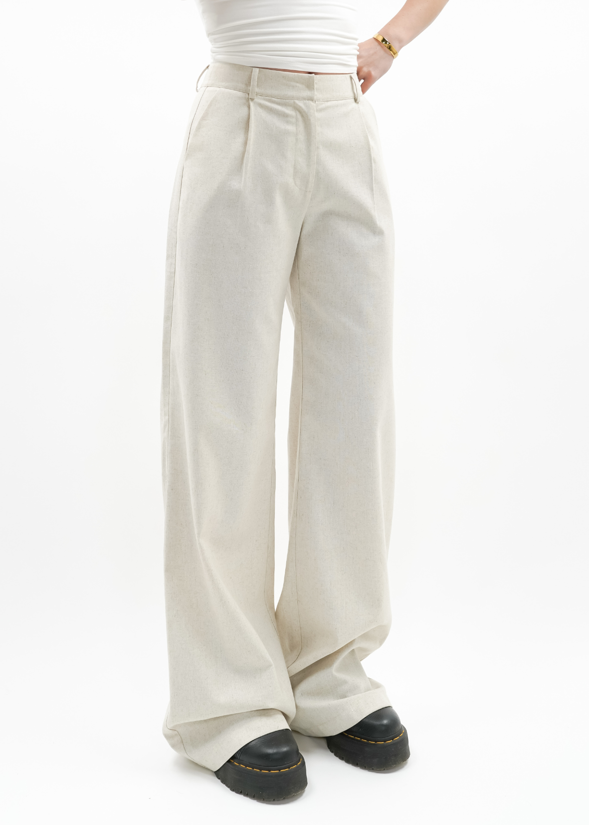 High waist linnen pants casual (tall) crème melange