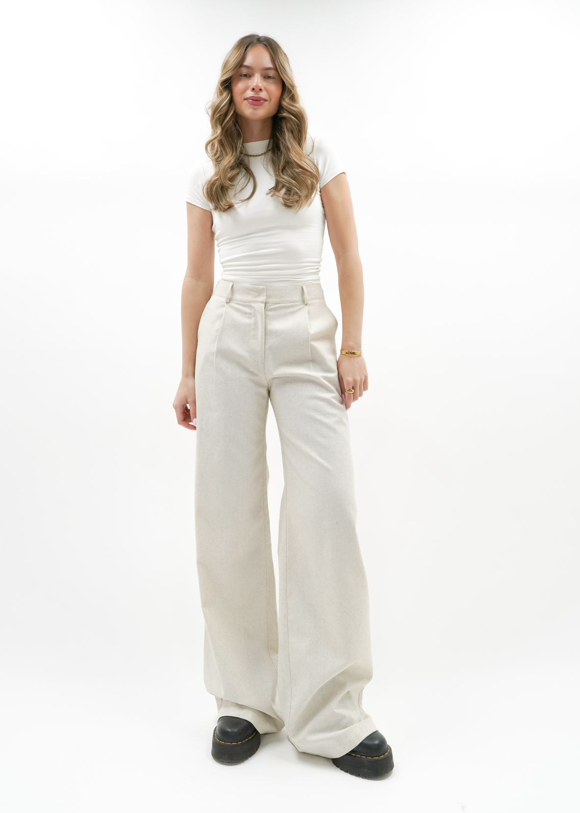 High waist linnen pants casual (tall) crème melange