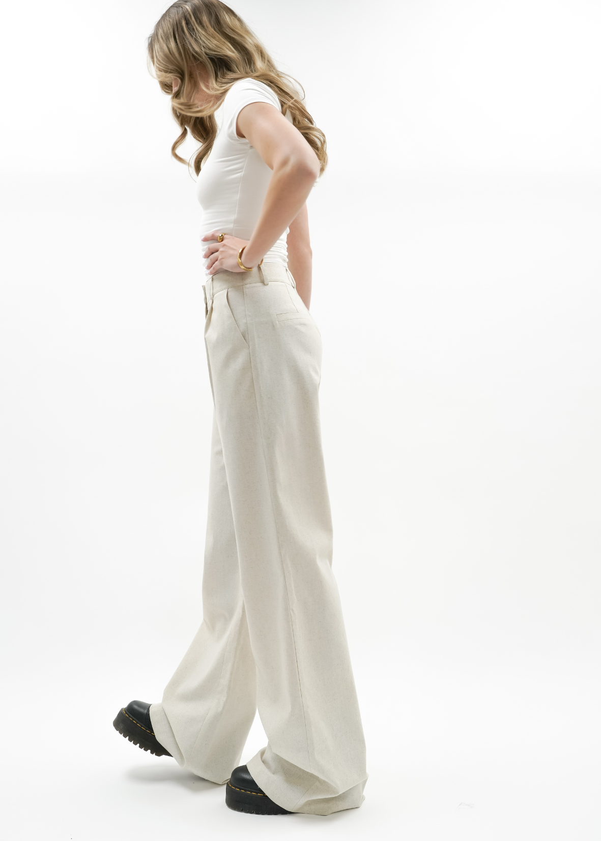 High waist linnen pants casual (tall) crème melange