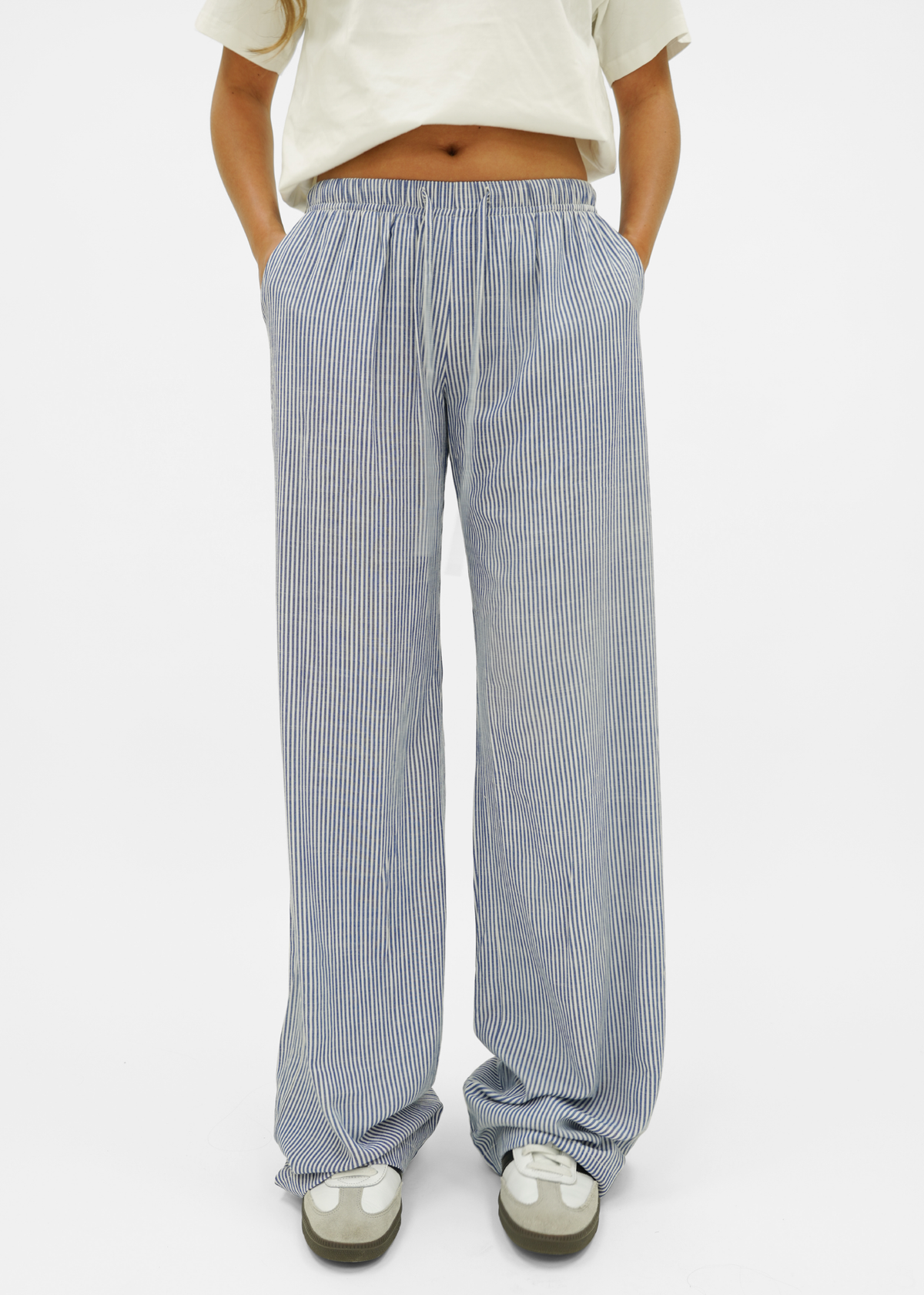 Mid waist striped cotton pants (tall) dark blue