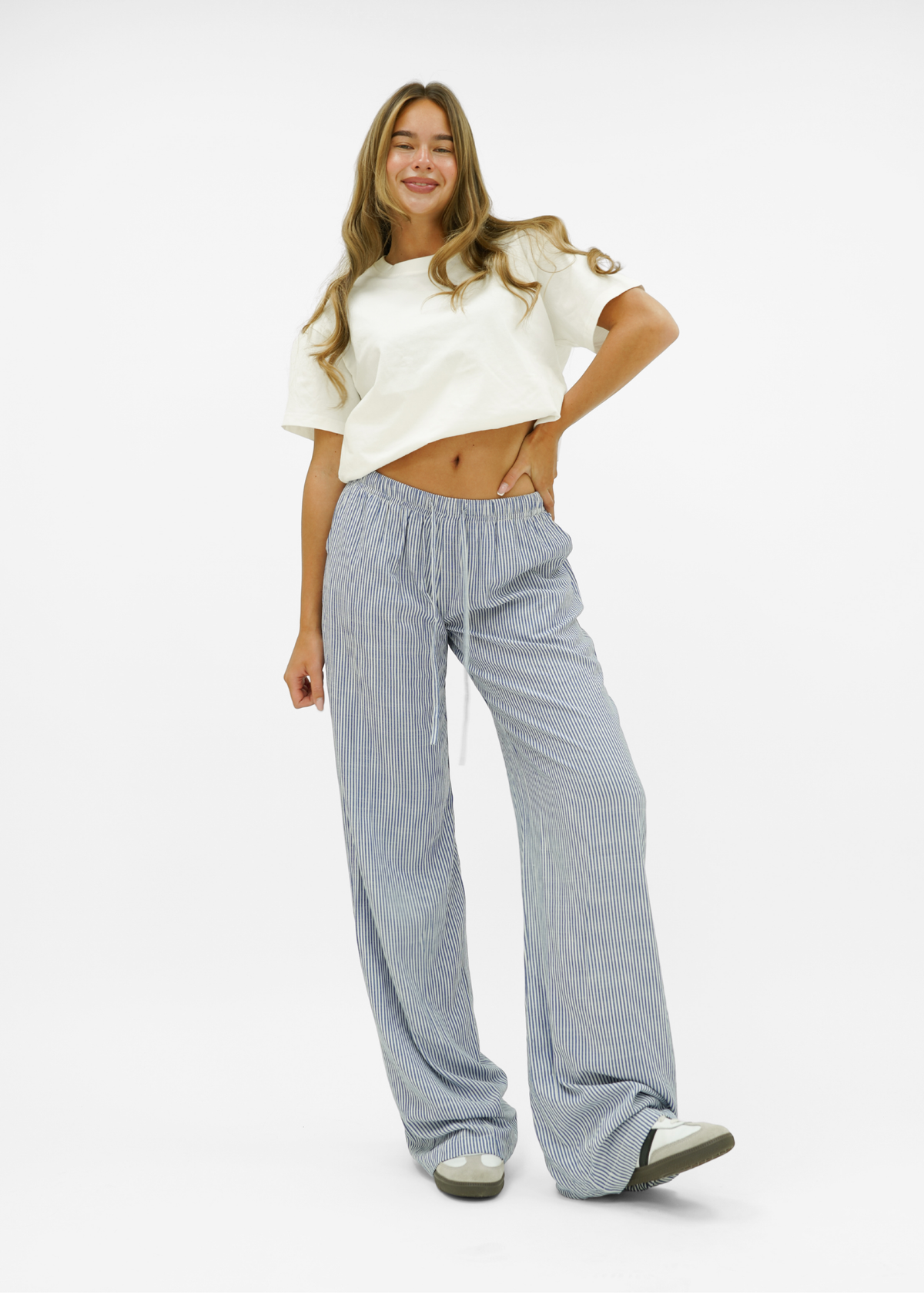 Mid waist striped cotton pants (tall) dark blue
