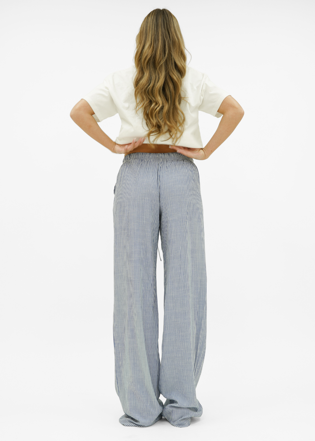 Mid waist striped cotton pants (tall) dark blue