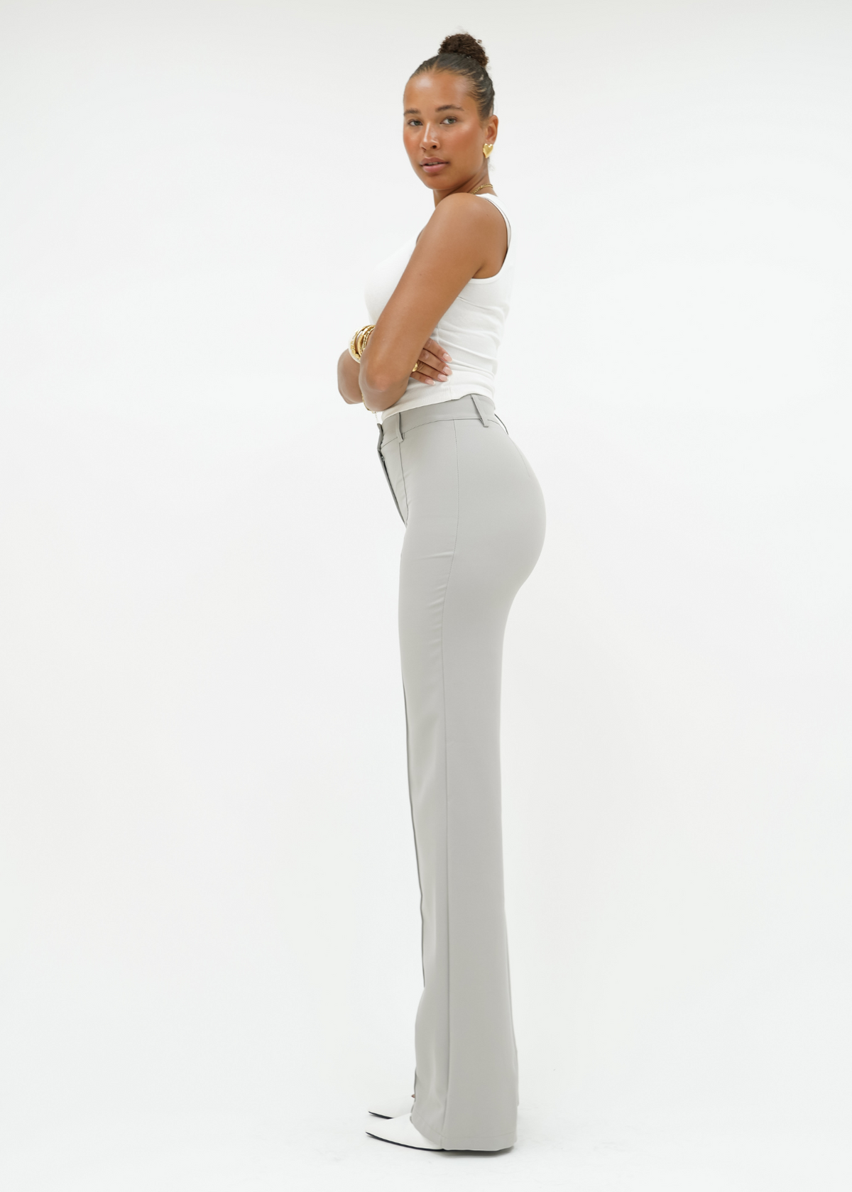 Straight leg pants met pressfold creamy grey (tall)