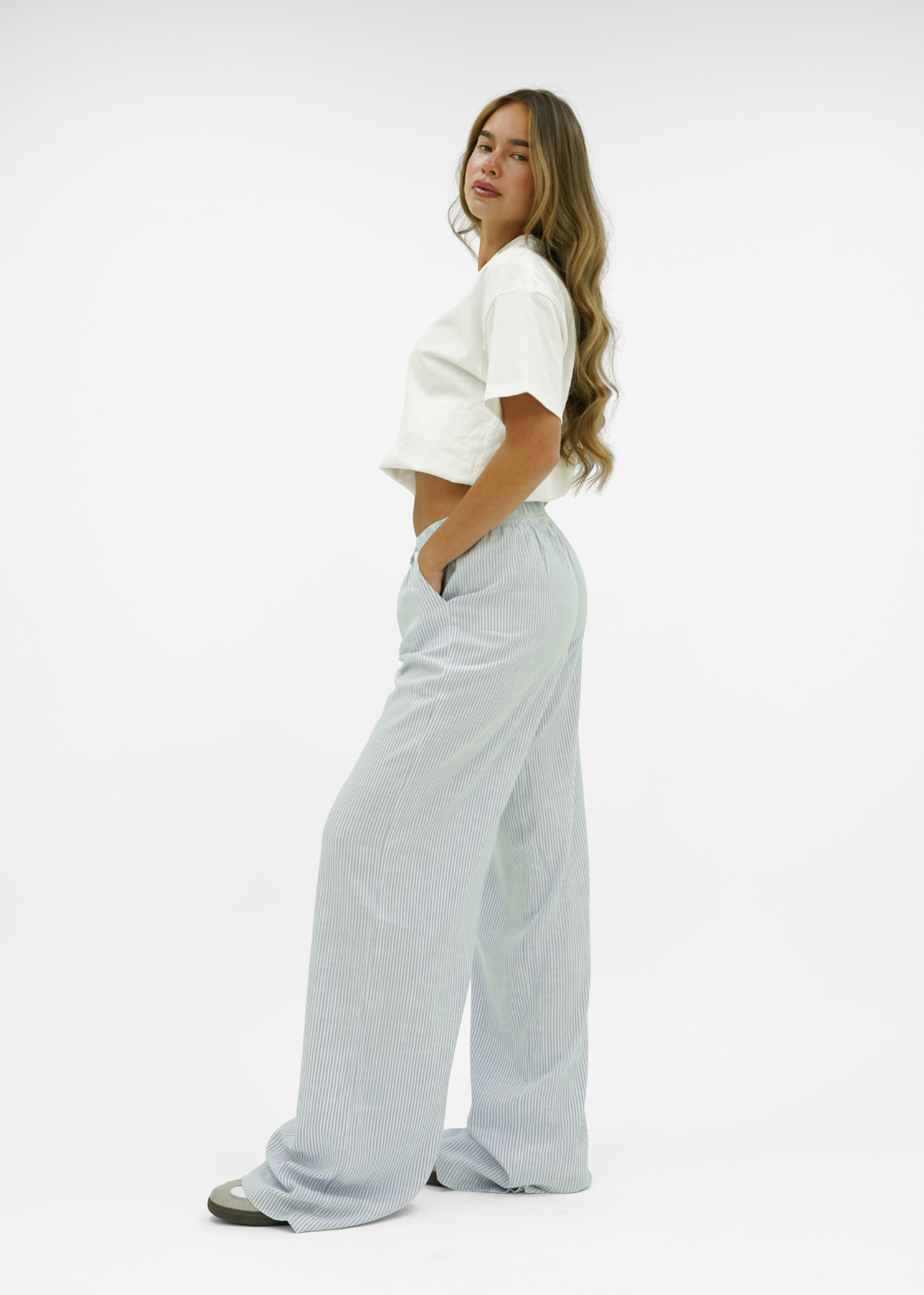 Mid waist striped cotton pants (tall) light blue