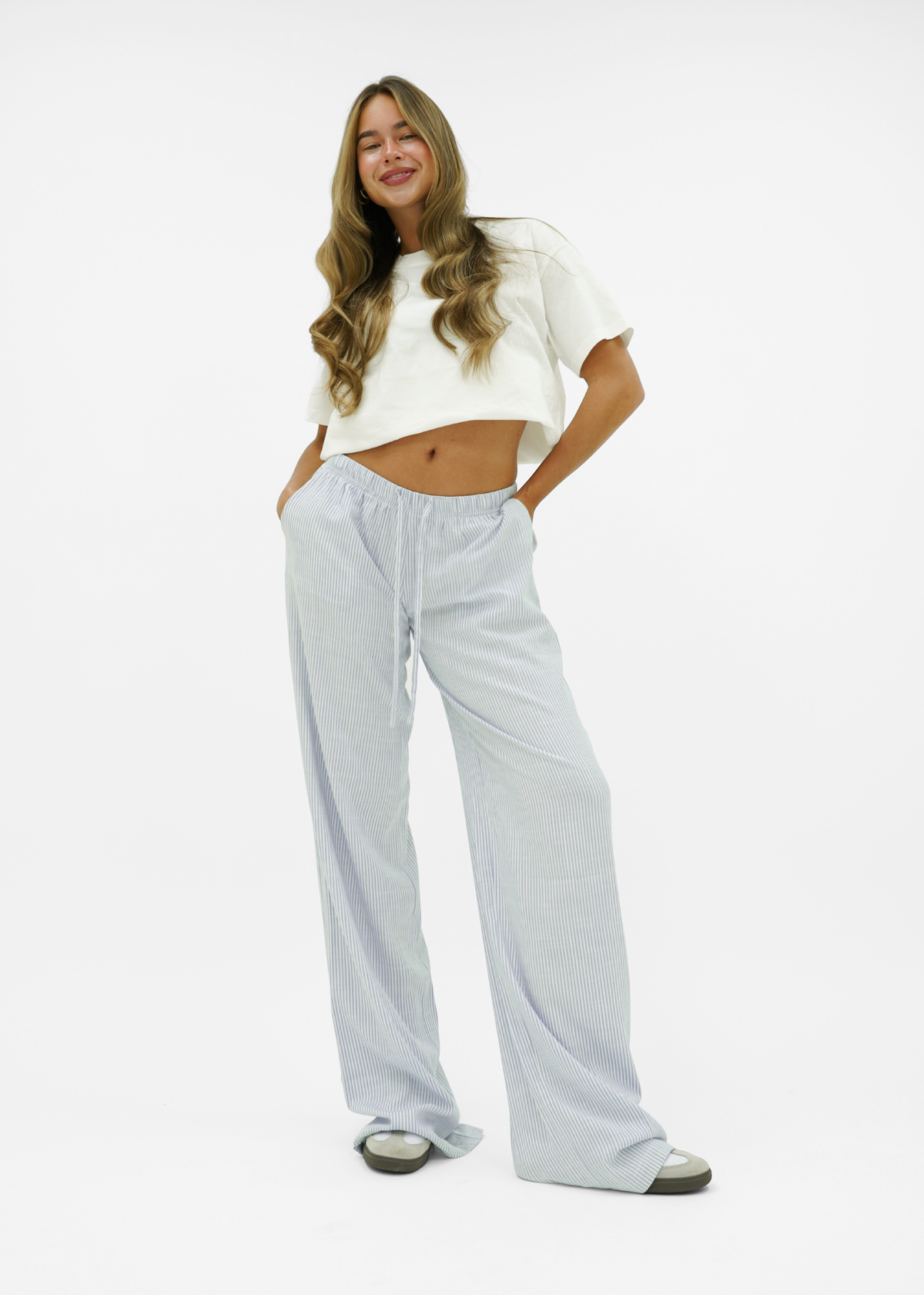 Mid waist striped cotton pants (tall) light blue
