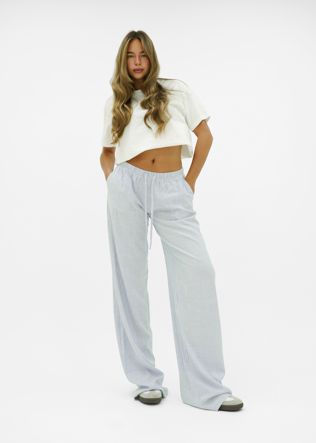 Mid waist striped cotton pants (tall) light blue