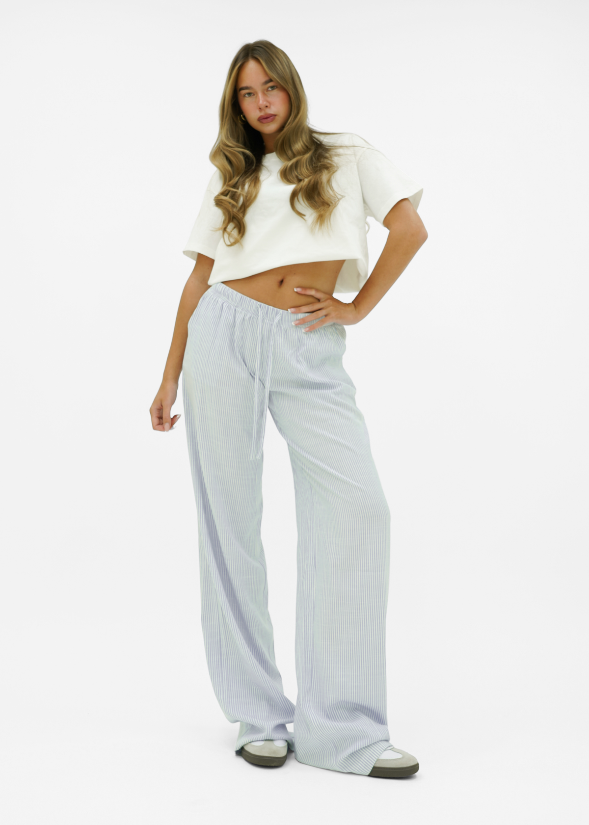 Mid waist striped cotton pants (tall) light blue