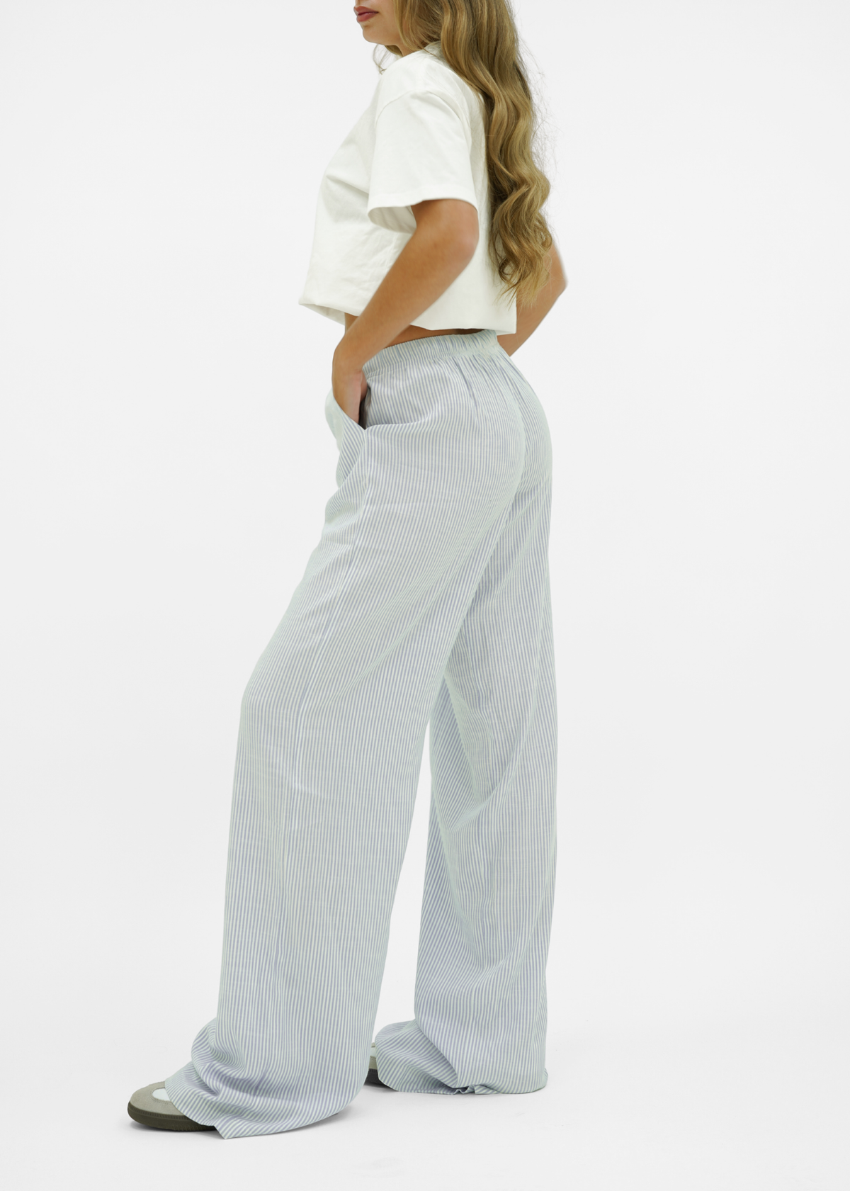 Mid waist striped cotton pants (tall) light blue