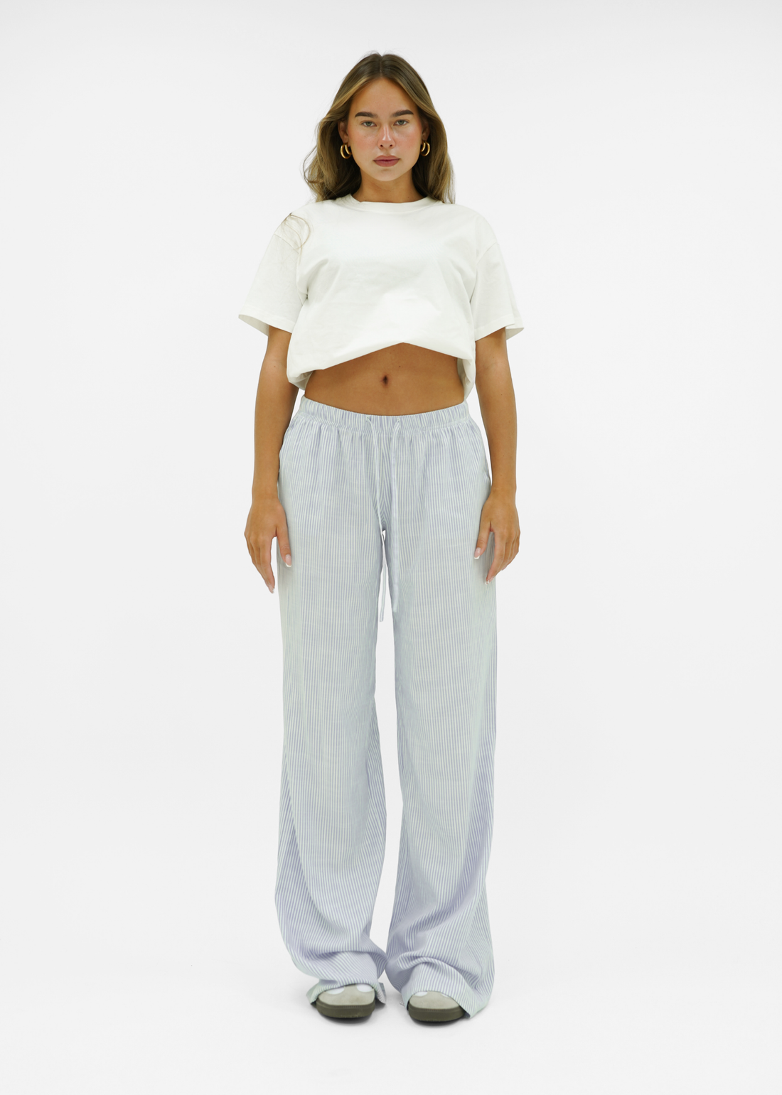 Mid waist striped cotton pants (tall) light blue